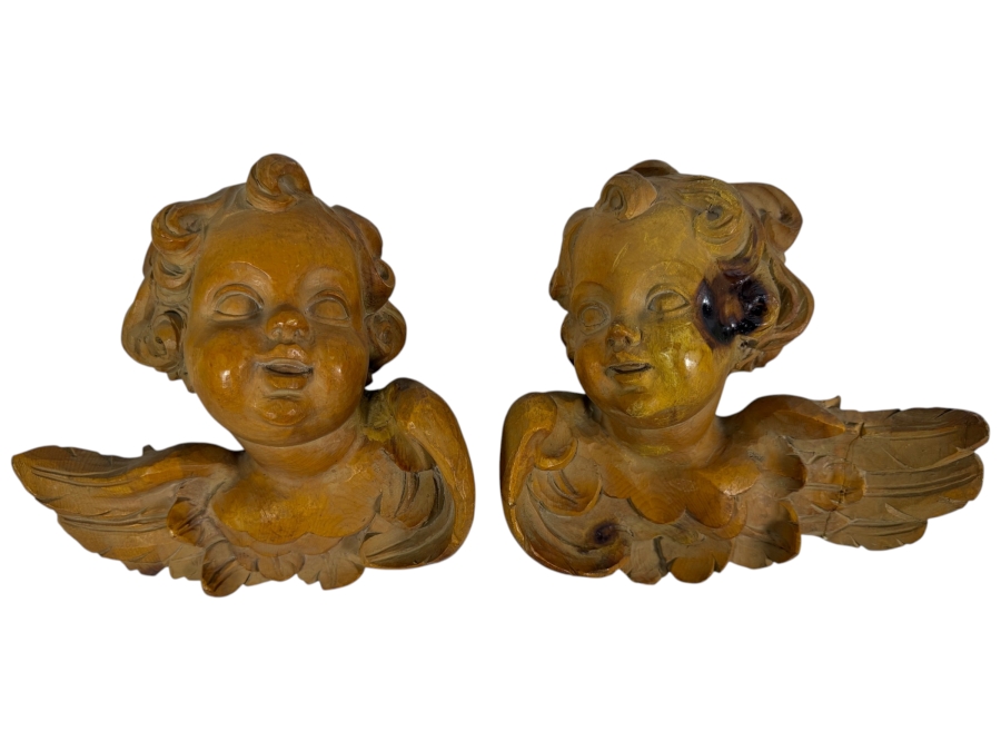 Vintage Hand Carved Wooden Cherub Wall Sculptures 8.5 X 7.5