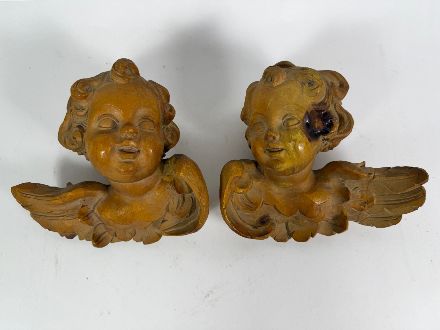 Vintage Hand Carved Wooden Cherub Wall Sculptures 8.5 X 7.5 [Photo 2]