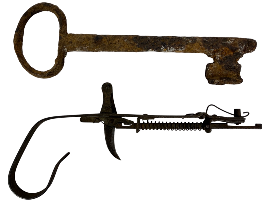 Antique Iron Skeleton Key 8'L and Antique Spring Loaded Device