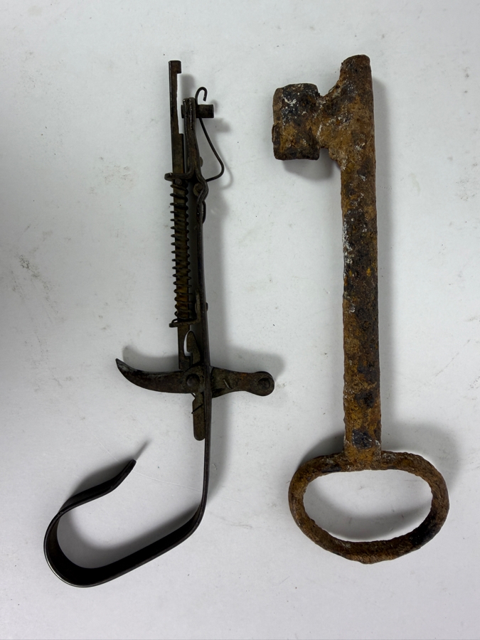 Antique Iron Skeleton Key 8'L and Antique Spring Loaded Device [Photo 8]