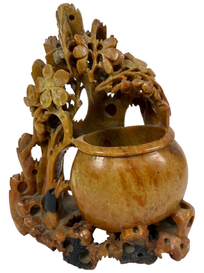 Vintage Chinese Carved Soapstone Sculptural Vase 5.5W X 6.5H