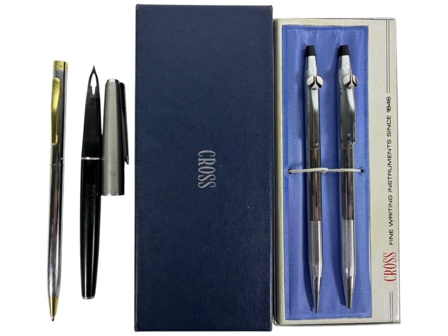 New Cross Chrome Ballpoint Pen and Mechanical Pencil Set With Rockwell Logo Branding, Parker Fountain Pen and Pierre Cardin Ballpoint Pen