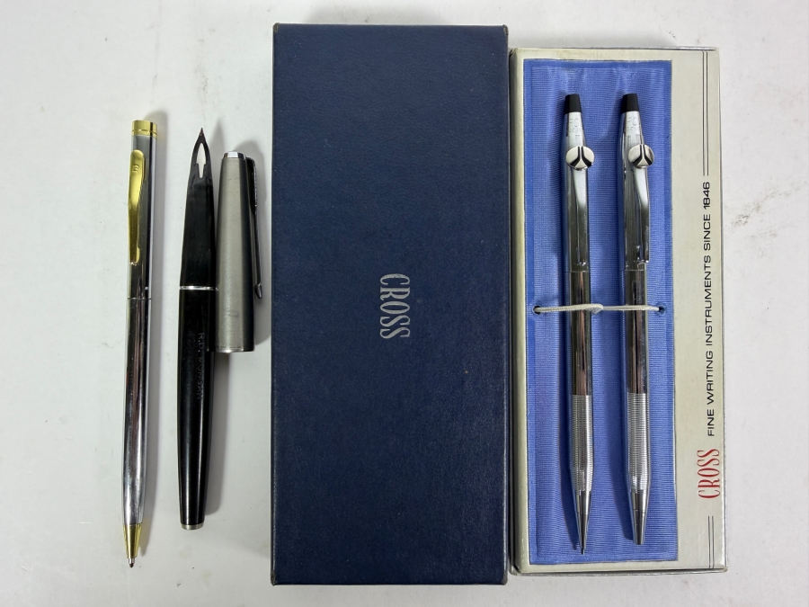 New Cross Chrome Ballpoint Pen and Mechanical Pencil Set With Rockwell Logo Branding, Parker Fountain Pen and Pierre Cardin Ballpoint Pen [Photo 2]