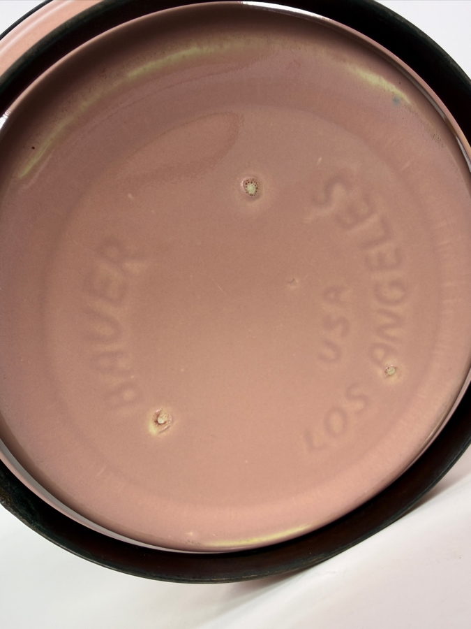 Vintage Bauer Pottery Pink Gloss Casserole Baker Dish With Wooden Side Handles Made In USA 10.5'W X 5'H [Photo 5]