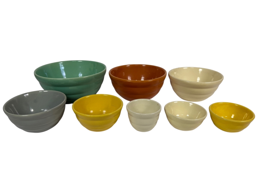Collection Of Vintage Bauer Pottery Ring Ware Multicolor Ceramic Nesting Mixing Bowls Made In USA 3.5' - 9.5'W