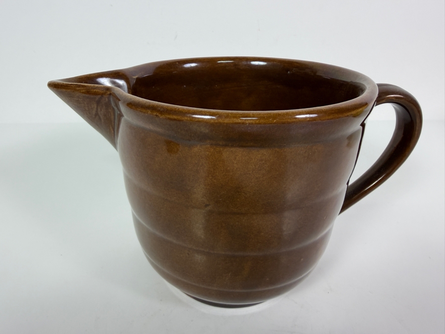 Vintage Bauer Pottery Gloss Brown Ring Ware Ceramic Batter Pitcher Made In USA 5'H [Photo 2]