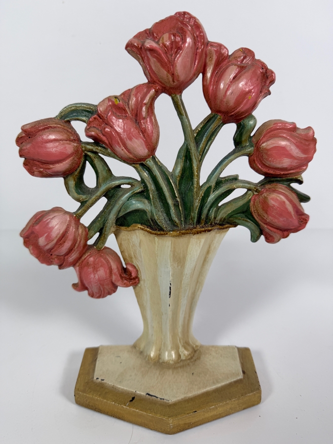 Antique Hubley No. 443 Hand Painted Cast Iron Tulips In A Vase Decorative Doorstop Made In USA 8'W X 10'H [Photo 2]