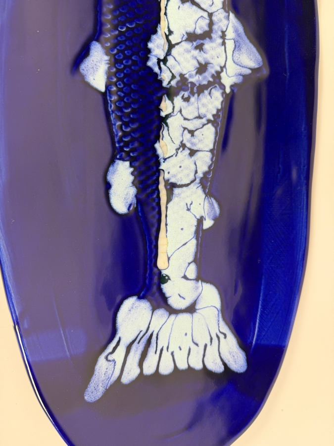 Vintage Studio Art Pottery Cobalt Blue Glazed Oval Fish Platter Serving Tray 20'W X 9'H [Photo 4]