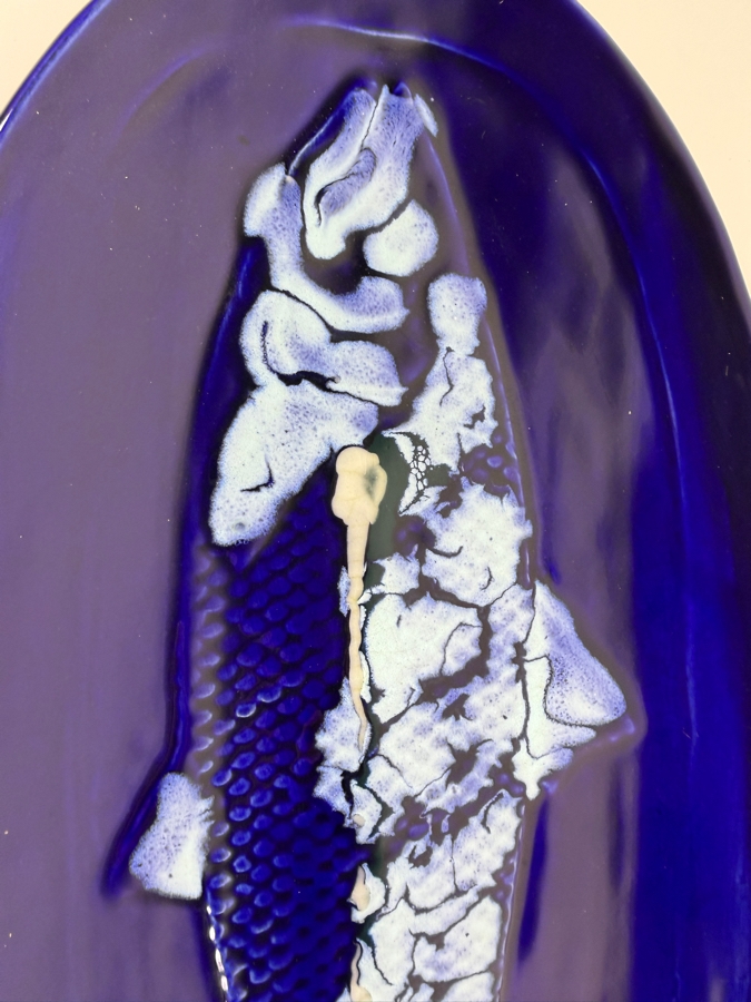 Vintage Studio Art Pottery Cobalt Blue Glazed Oval Fish Platter Serving Tray 20'W X 9'H [Photo 3]