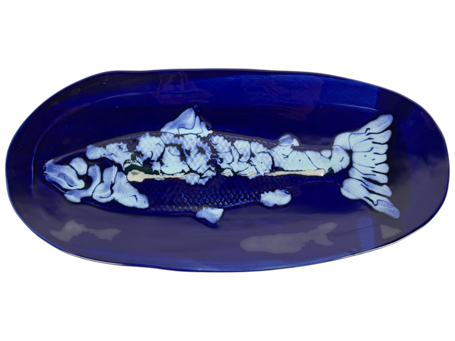 Vintage Studio Art Pottery Cobalt Blue Glazed Oval Fish Platter Serving Tray 20'W X 9'H