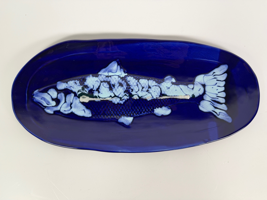 Vintage Studio Art Pottery Cobalt Blue Glazed Oval Fish Platter Serving Tray 20'W X 9'H [Photo 2]