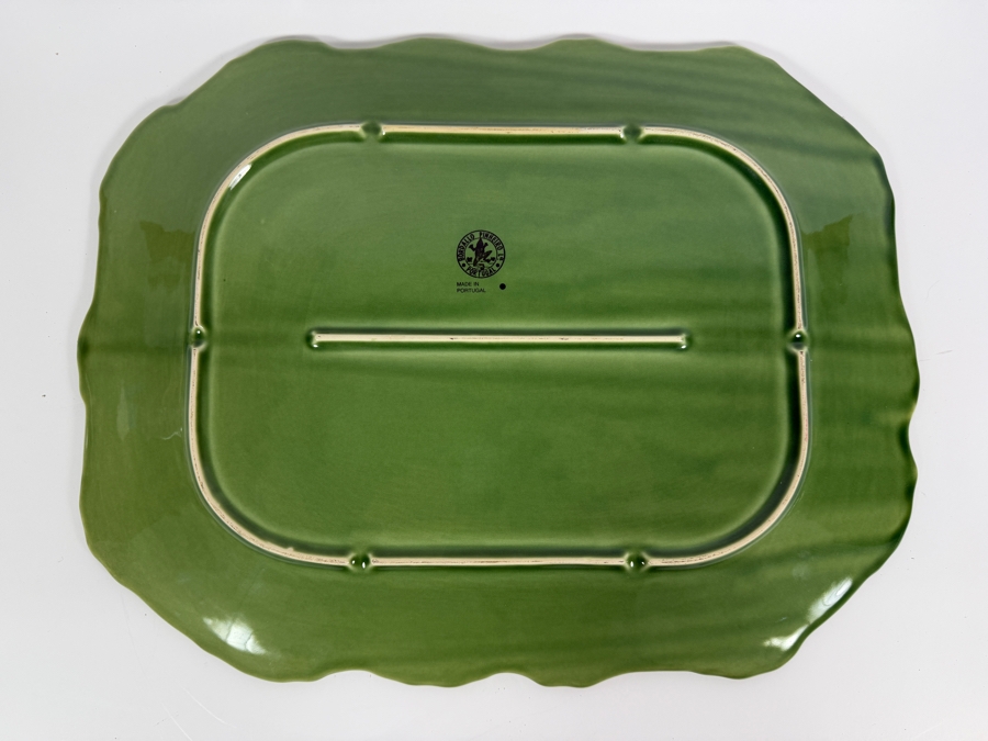 Vintage Bordallo Pinheiro Green Majolica Leaf And Lattice Rectangular Serving Platter Made In Portugal 18.5'W X 14'H [Photo 4]