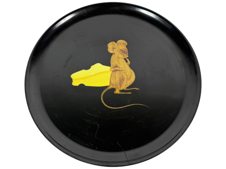 Vintage Couroc Of Monterey Black Phenolic Resin Round Mouse And Swiss Cheese Serving Tray Made In USA 10'W