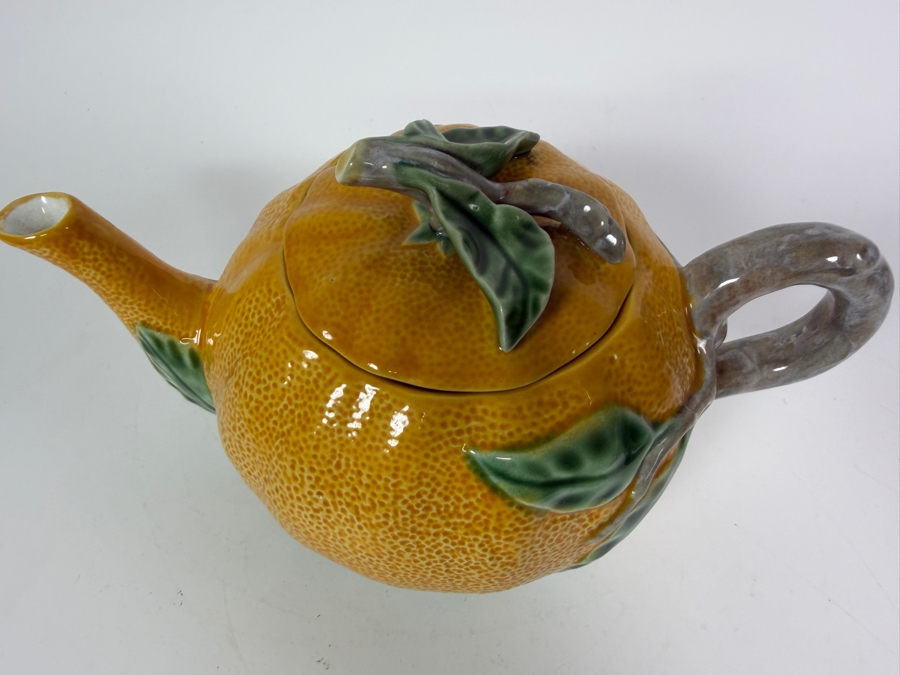 Vintage Bordallo Pinheiro Orange Citrus Fruit Shape Majolica Teapot Made In Portugal 5'H [Photo 3]