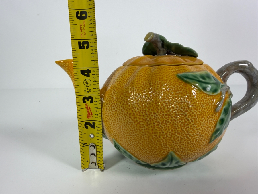 Vintage Bordallo Pinheiro Orange Citrus Fruit Shape Majolica Teapot Made In Portugal 5'H [Photo 6]