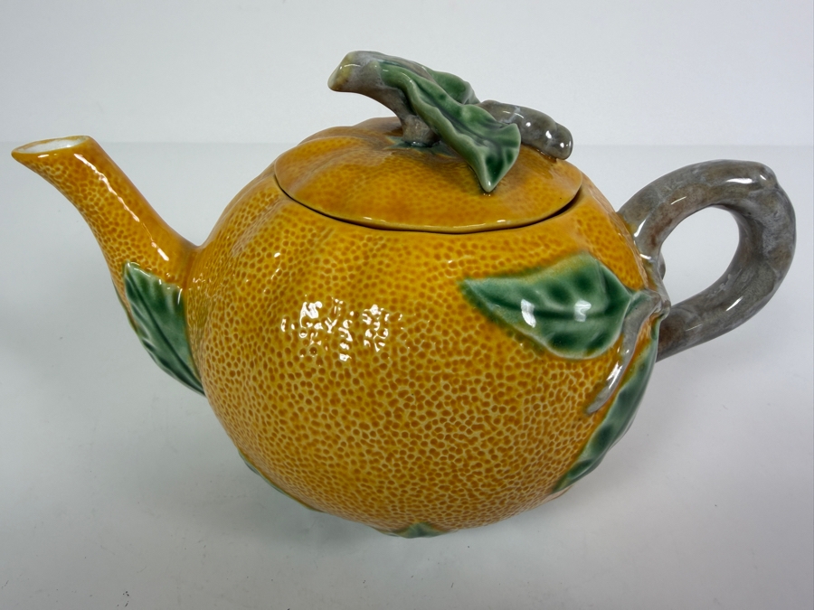Vintage Bordallo Pinheiro Orange Citrus Fruit Shape Majolica Teapot Made In Portugal 5'H [Photo 2]