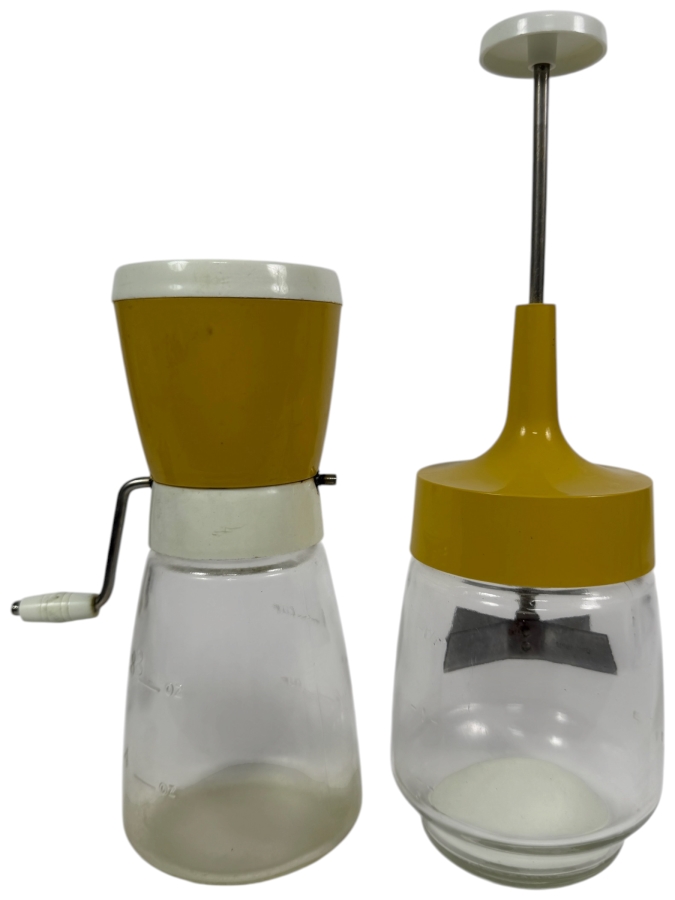 Set Of Two Vintage Federal Housewares Harvest Gold Yellow Manual Glass Nut Chopper And Grinder Kitchen Tools Made In USA