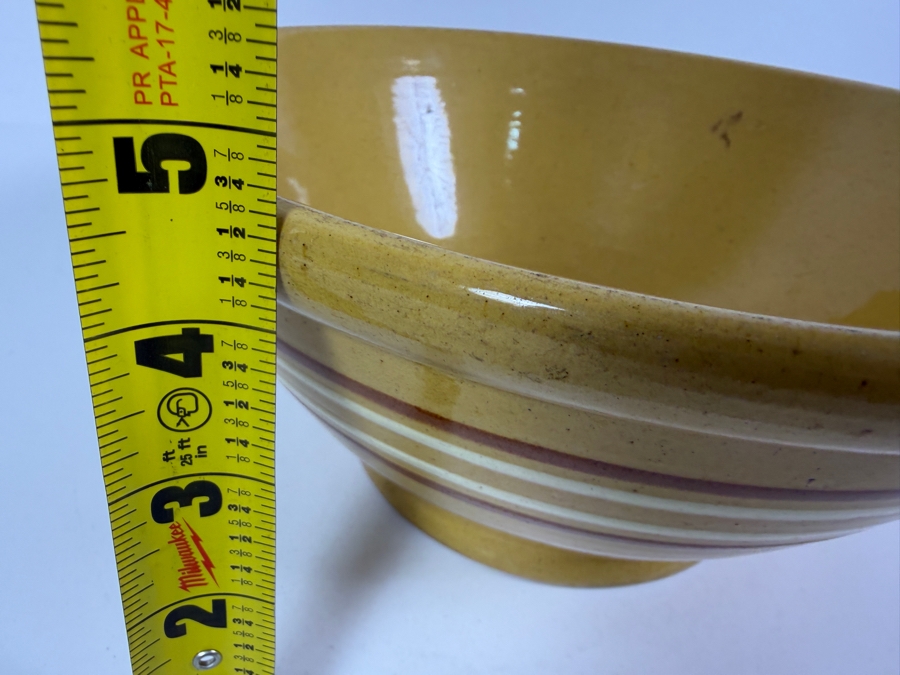 Vintage Yellow Ware Ceramic Mixing Bowl With Brown And White Chef Bands Made In USA 10'W X 4.5'H [Photo 6]