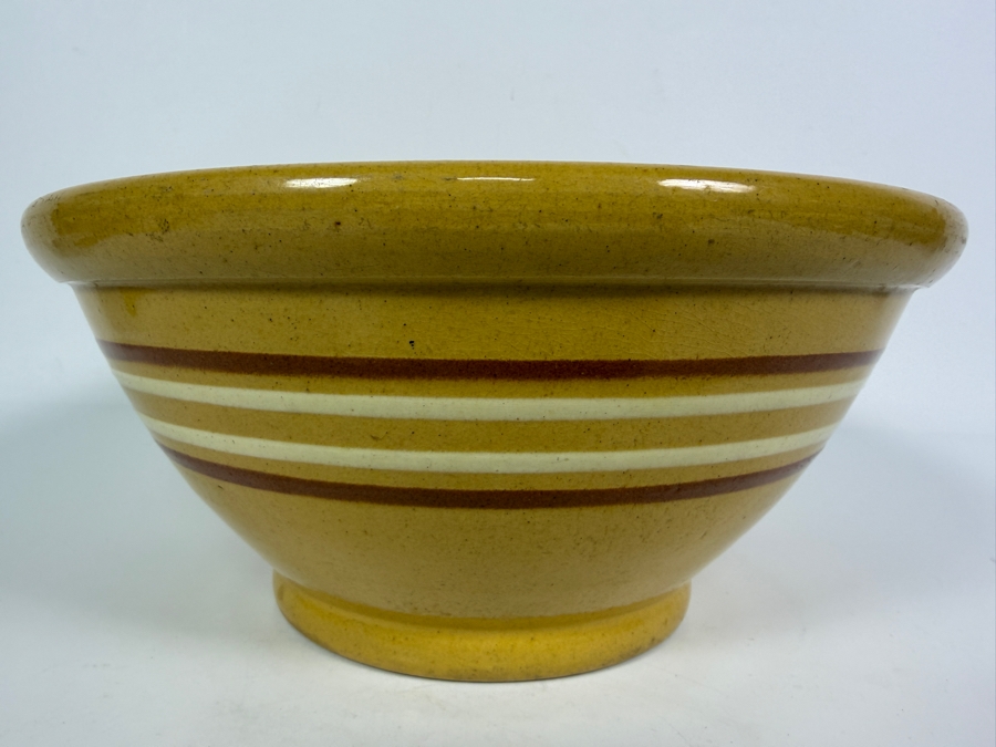 Vintage Yellow Ware Ceramic Mixing Bowl With Brown And White Chef Bands Made In USA 10'W X 4.5'H [Photo 2]