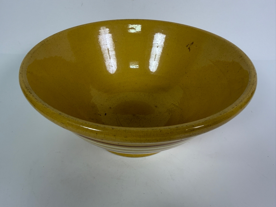Vintage Yellow Ware Ceramic Mixing Bowl With Brown And White Chef Bands Made In USA 10'W X 4.5'H [Photo 3]