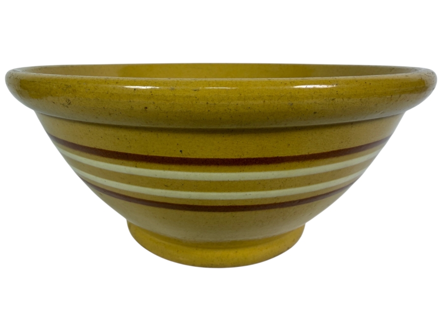 Vintage Yellow Ware Ceramic Mixing Bowl With Brown And White Chef Bands Made In USA 10'W X 4.5'H