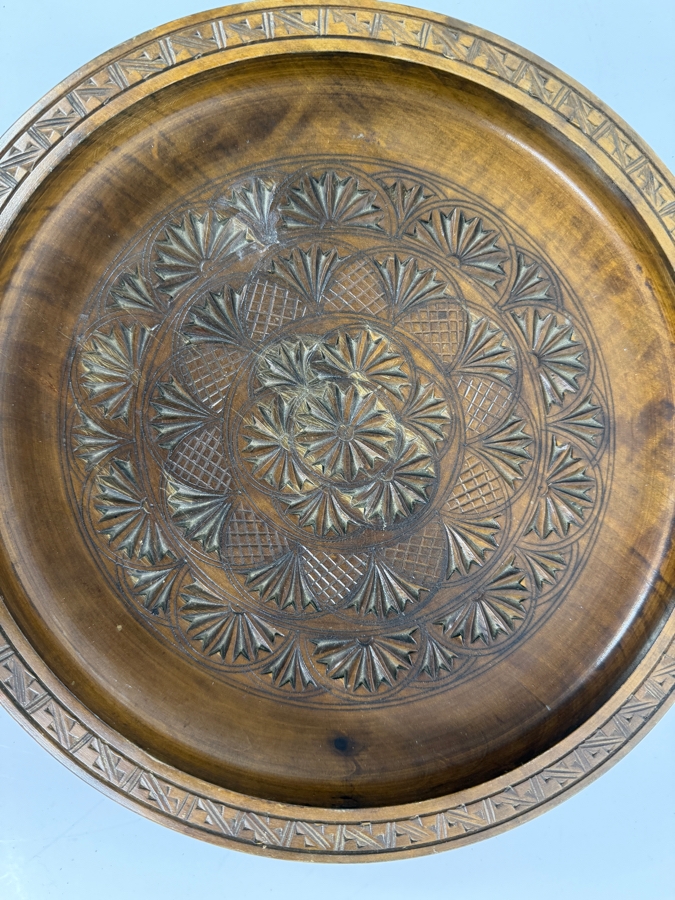Vintage Hand Carved Wood Round Serving Platter Tray With Geometric Rosette Pattern 11.5'W [Photo 4]