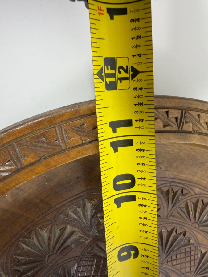 Vintage Hand Carved Wood Round Serving Platter Tray With Geometric Rosette Pattern 11.5'W [Photo 6]
