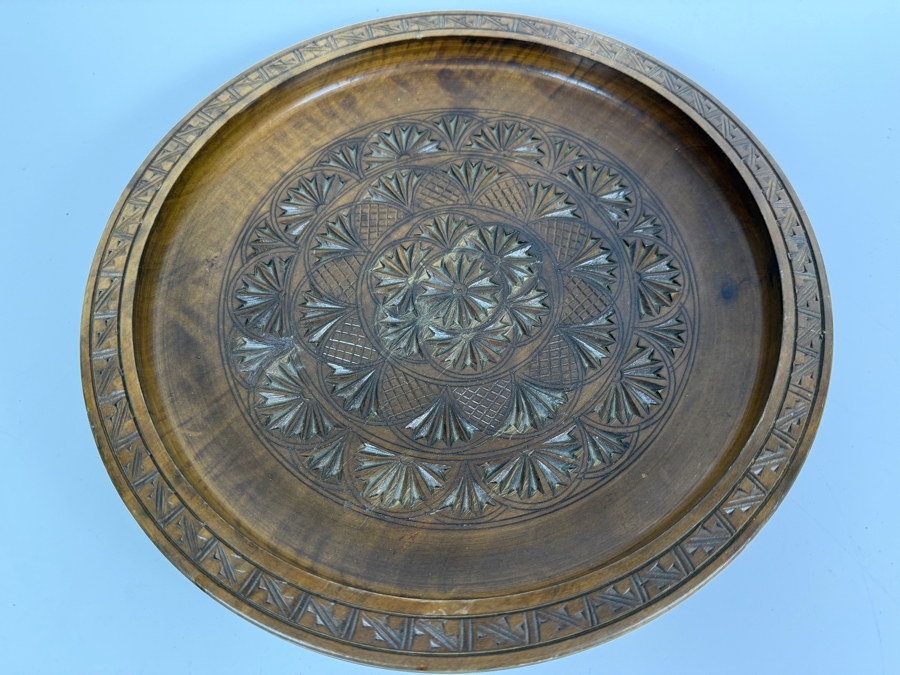 Vintage Hand Carved Wood Round Serving Platter Tray With Geometric Rosette Pattern 11.5'W [Photo 2]