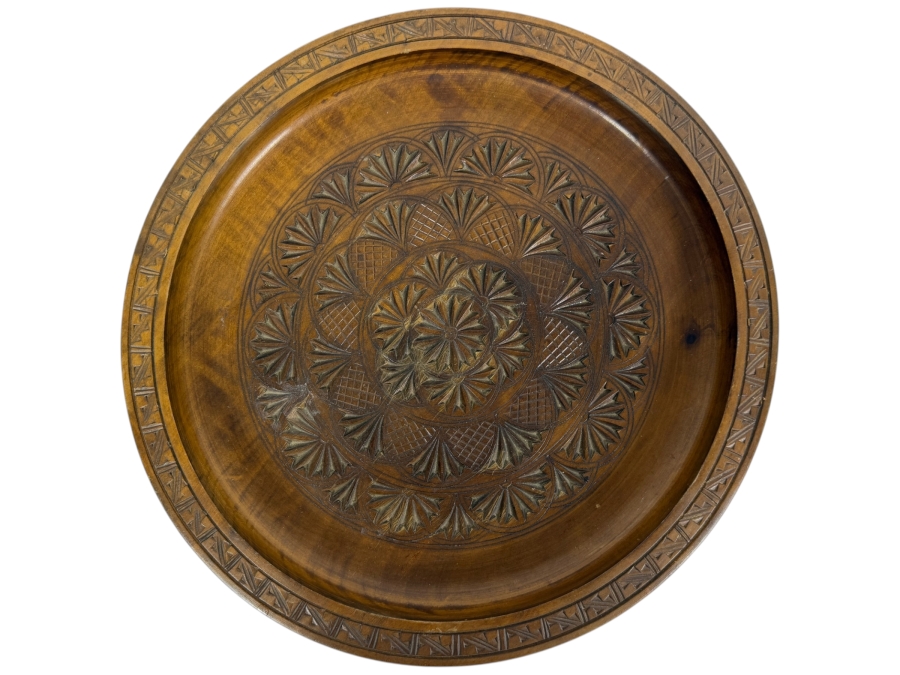 Vintage Hand Carved Wood Round Serving Platter Tray With Geometric Rosette Pattern 11.5'W