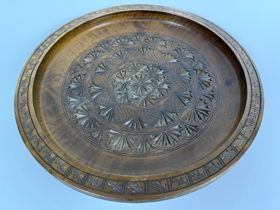 Vintage Hand Carved Wood Round Serving Platter Tray With Geometric Rosette Pattern 11.5'W [Photo 3]