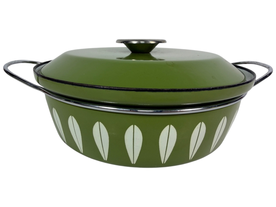 Like New Condition Vintage Grete Prytz Kittelsen For Cathrineholm Lotus Olive Green Enameled Casserole Dish Made In Norway 13.5'Ways X 11'D X 5.5'H