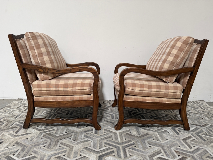 Pair Of Vintage French Country Style Exposed Walnut Wood Lounge Chairs In Tan Gingham Plaid Fabric 27'W X 29'D X 37'H [Photo 5]