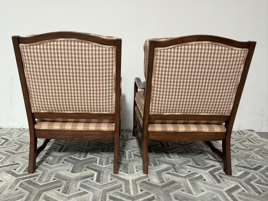 Pair Of Vintage French Country Style Exposed Walnut Wood Lounge Chairs In Tan Gingham Plaid Fabric 27'W X 29'D X 37'H [Photo 6]