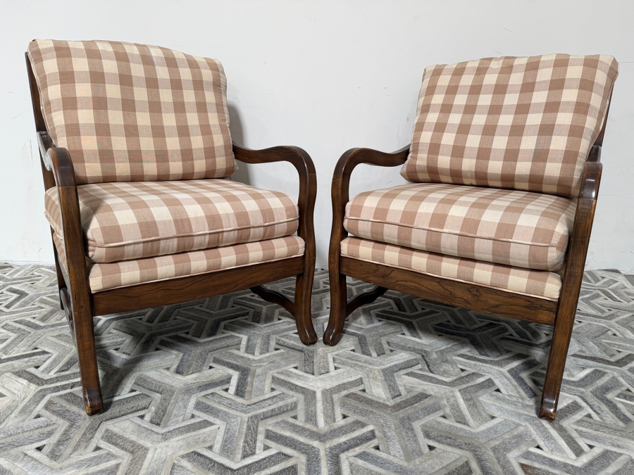 Pair Of Vintage French Country Style Exposed Walnut Wood Lounge Chairs In Tan Gingham Plaid Fabric 27'W X 29'D X 37'H [Photo 4]
