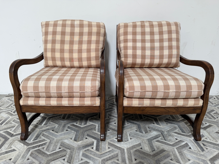 Pair Of Vintage French Country Style Exposed Walnut Wood Lounge Chairs In Tan Gingham Plaid Fabric 27'W X 29'D X 37'H [Photo 2]