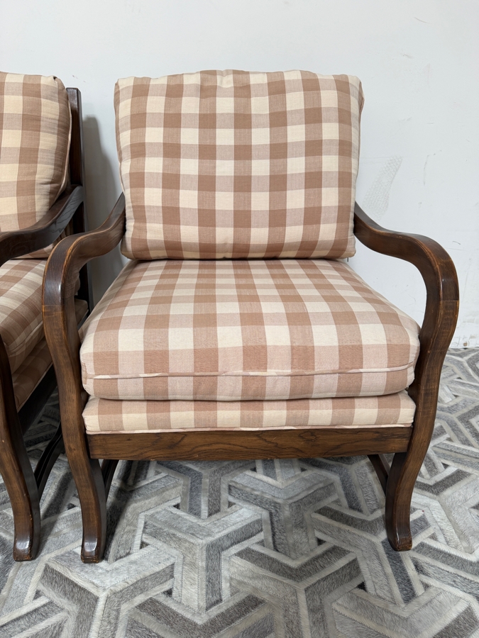 Pair Of Vintage French Country Style Exposed Walnut Wood Lounge Chairs In Tan Gingham Plaid Fabric 27'W X 29'D X 37'H [Photo 3]