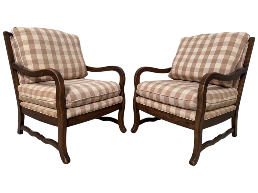 Pair Of Vintage French Country Style Exposed Walnut Wood Lounge Chairs In Tan Gingham Plaid Fabric 27'W X 29'D X 37'H