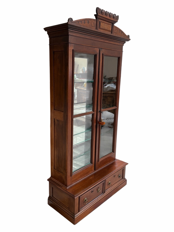 Antique Victorian Renaissance Revival Walnut Glass Door Display China Cabinet Bookcase With Two Drawers 43.5'W X 18.5'D X 88'H [Photo 7]