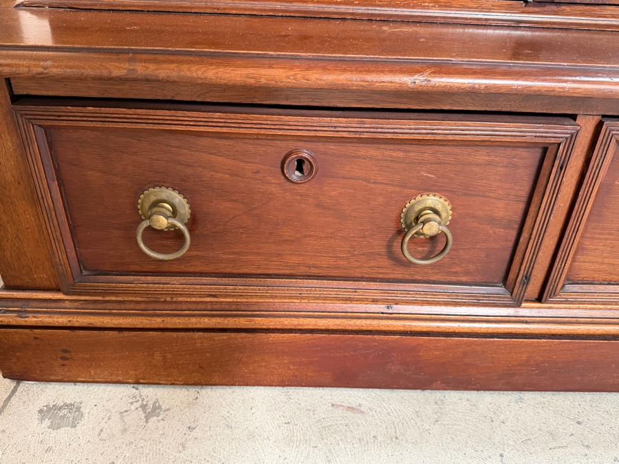 Antique Victorian Renaissance Revival Walnut Glass Door Display China Cabinet Bookcase With Two Drawers 43.5'W X 18.5'D X 88'H [Photo 3]