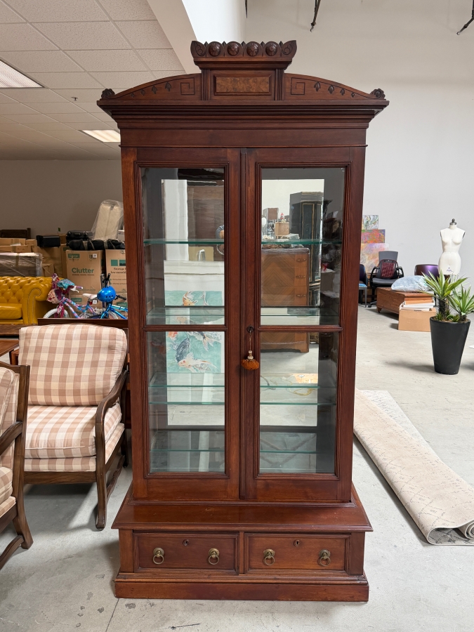 Antique Victorian Renaissance Revival Walnut Glass Door Display China Cabinet Bookcase With Two Drawers 43.5'W X 18.5'D X 88'H [Photo 2]