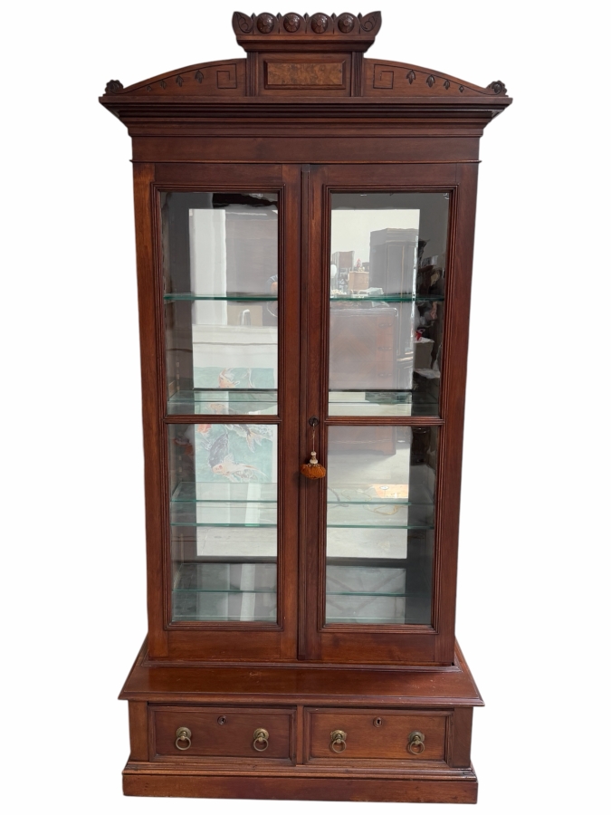 Antique Victorian Renaissance Revival Walnut Glass Door Display China Cabinet Bookcase With Two Drawers 43.5'W X 18.5'D X 88'H
