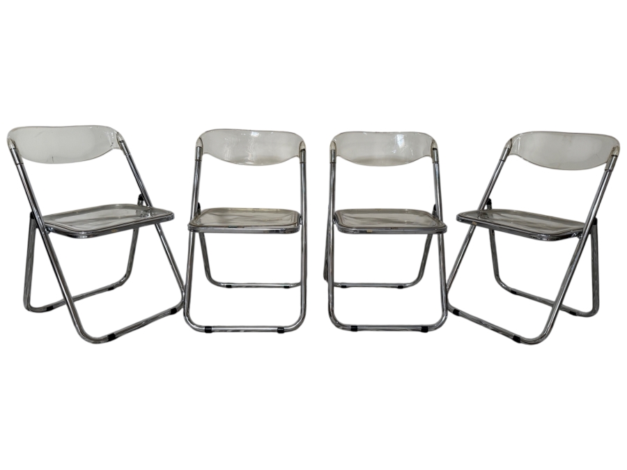 Set Of Four Vintage Clear Acrylic Lucite and Chrome Folding Chairs Made In Italy
