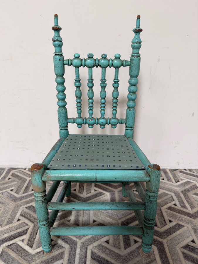 Antique Spanish Colonial Bobbin Turned Wood Side Chair In Distressed Turquoise Painted Finish 17'W X 14'D X 16'H [Photo 2]