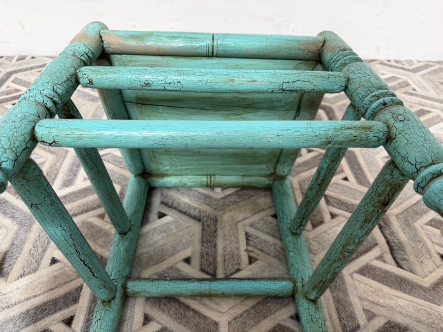 Antique Spanish Colonial Bobbin Turned Wood Side Chair In Distressed Turquoise Painted Finish 17'W X 14'D X 16'H [Photo 7]