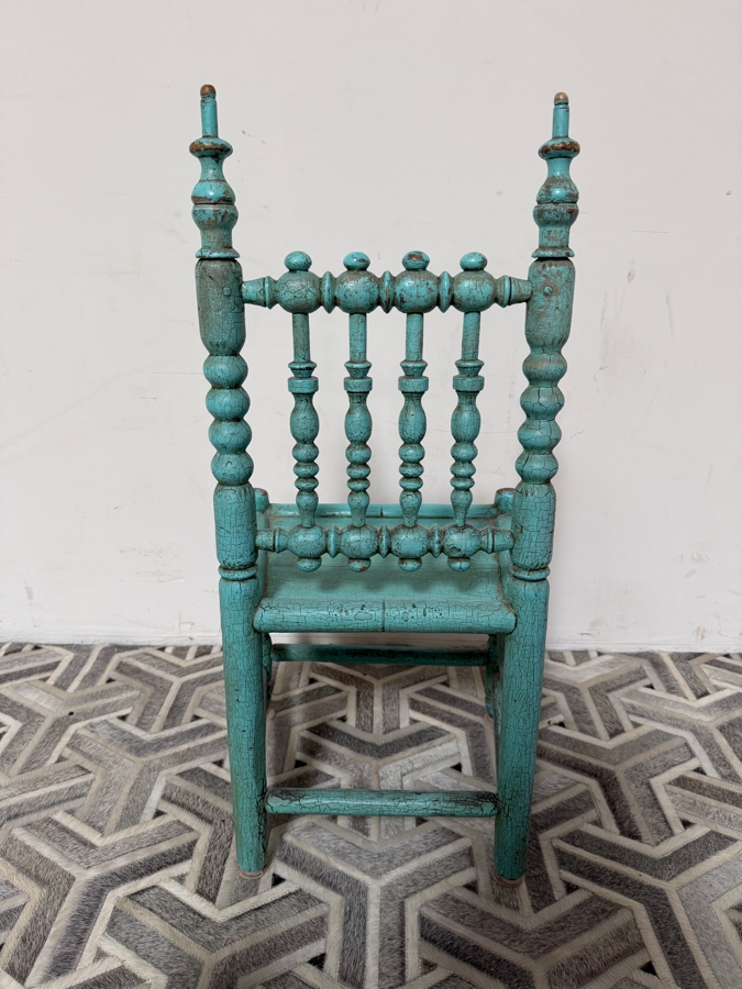Antique Spanish Colonial Bobbin Turned Wood Side Chair In Distressed Turquoise Painted Finish 17'W X 14'D X 16'H [Photo 6]