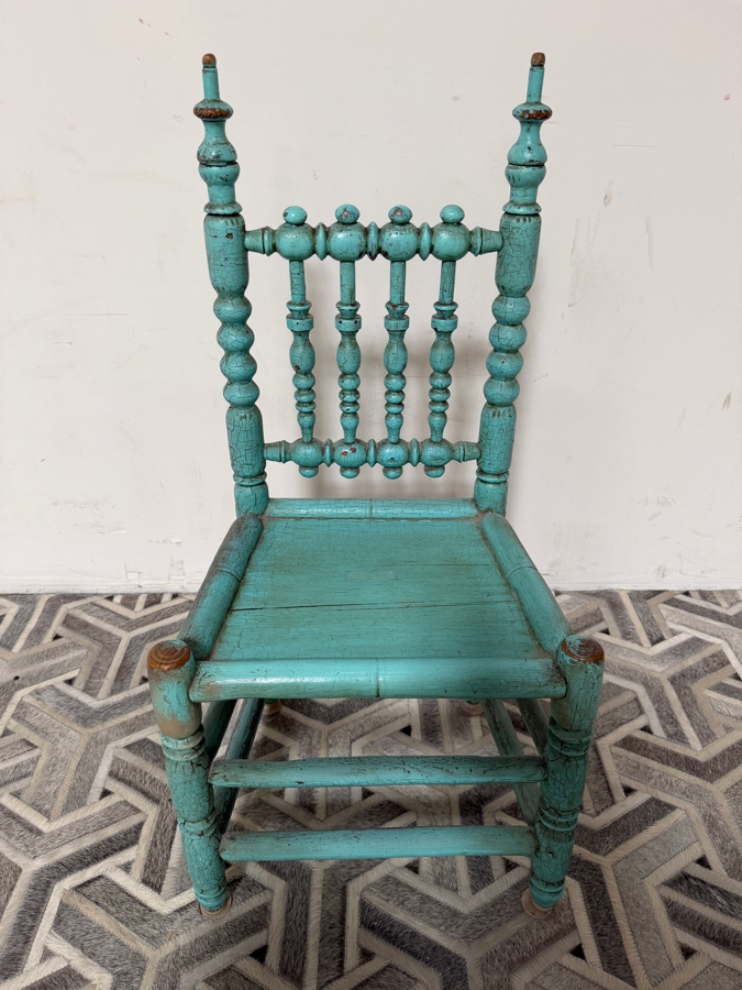 Antique Spanish Colonial Bobbin Turned Wood Side Chair In Distressed Turquoise Painted Finish 17'W X 14'D X 16'H [Photo 3]
