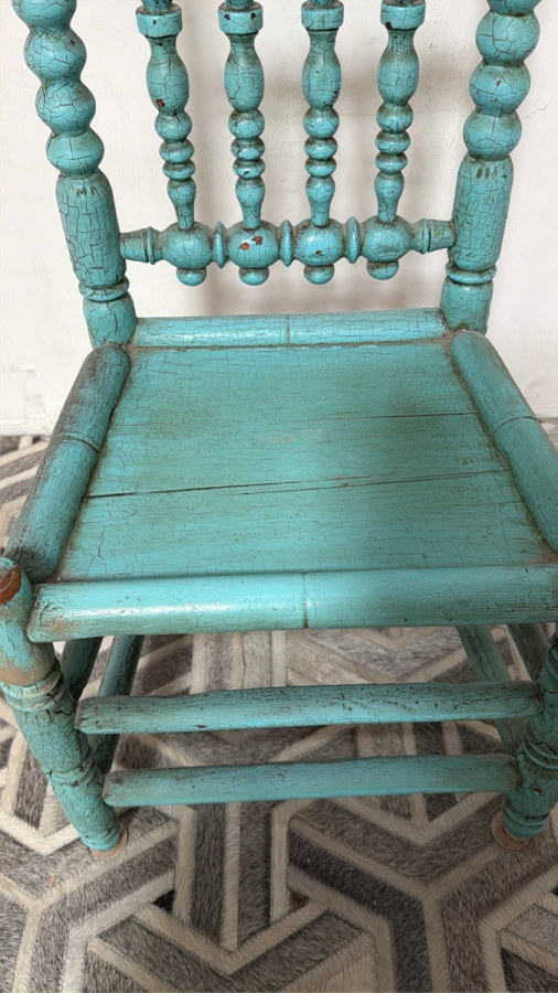 Antique Spanish Colonial Bobbin Turned Wood Side Chair In Distressed Turquoise Painted Finish 17'W X 14'D X 16'H [Photo 4]
