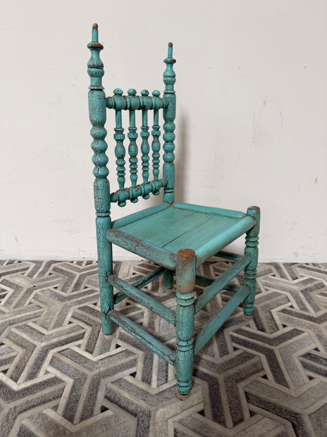 Antique Spanish Colonial Bobbin Turned Wood Side Chair In Distressed Turquoise Painted Finish 17'W X 14'D X 16'H [Photo 5]