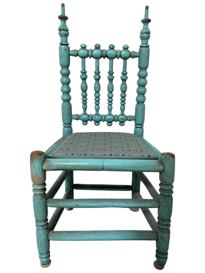 Antique Spanish Colonial Bobbin Turned Wood Side Chair In Distressed Turquoise Painted Finish 17'W X 14'D X 16'H