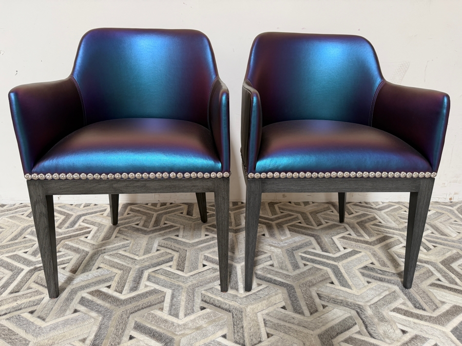 Nativa Interiors Custom Upholstered Dining Armchair In Edelman Iridescent Blue Leather 22'W X 22'D X 32.5'H [Photo 3]
